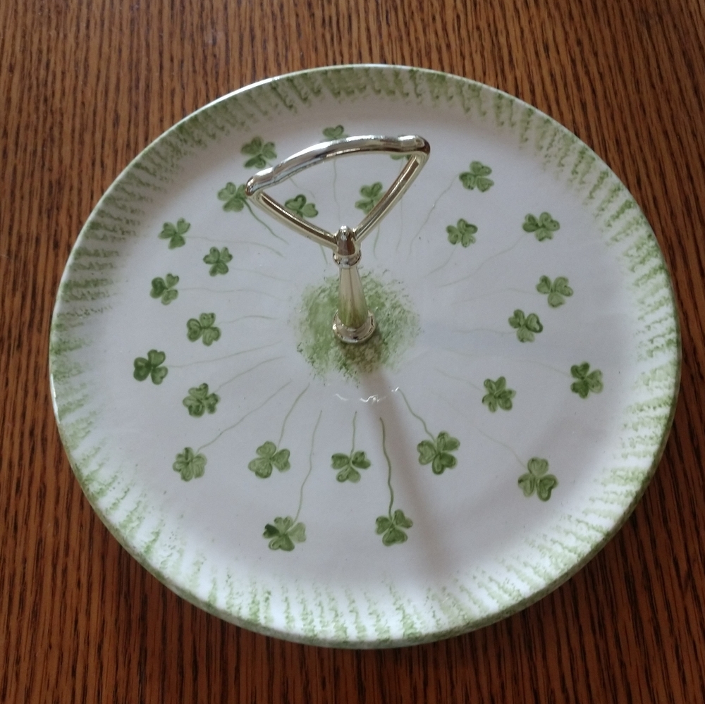 St Patrick's Day Porcelain Dish with Handle, White w/Green Shamrocks